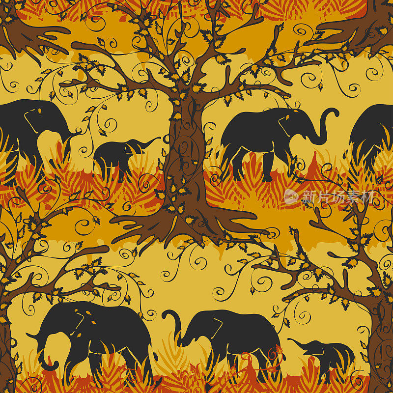 Seamless vector pattern with elephant silhouettes on yellow background. Beautiful African wallpaper design. Savannah animal fashion textile.